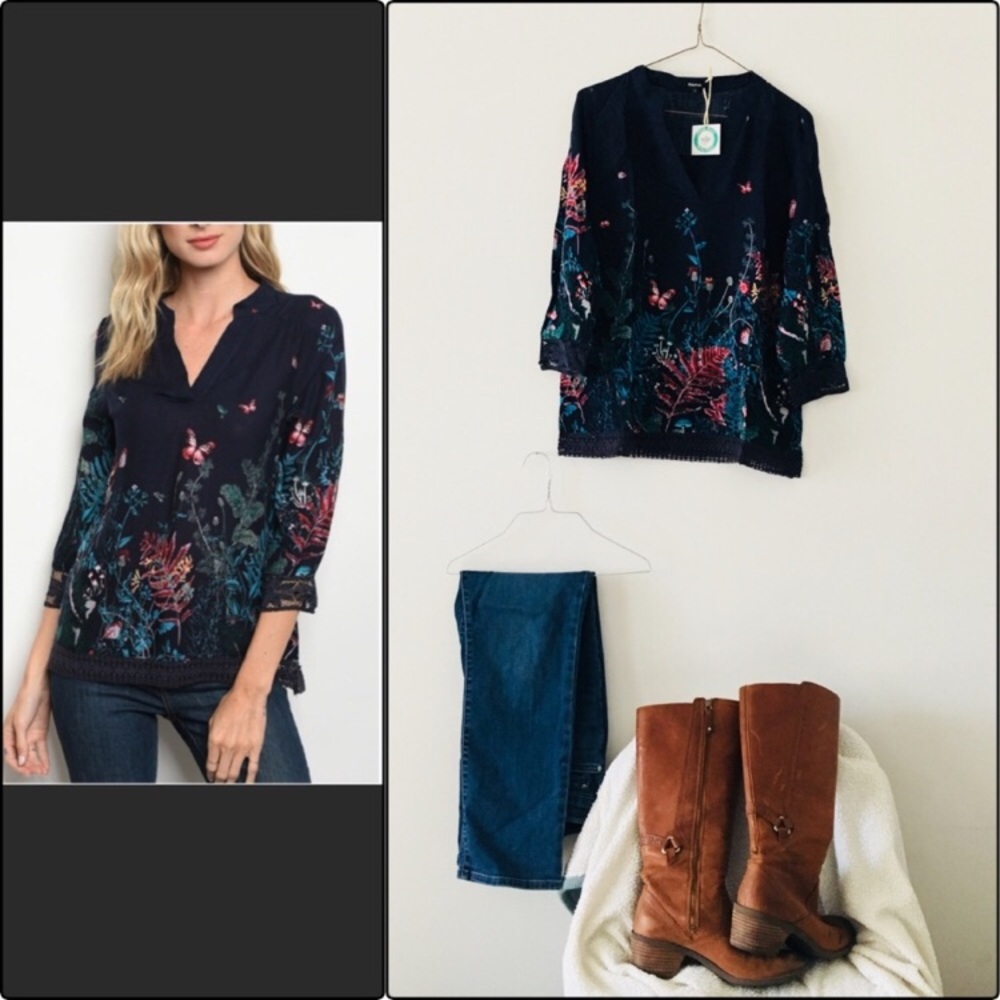 Lace Hem Navy Floral 3/4 Sleeve Blouse